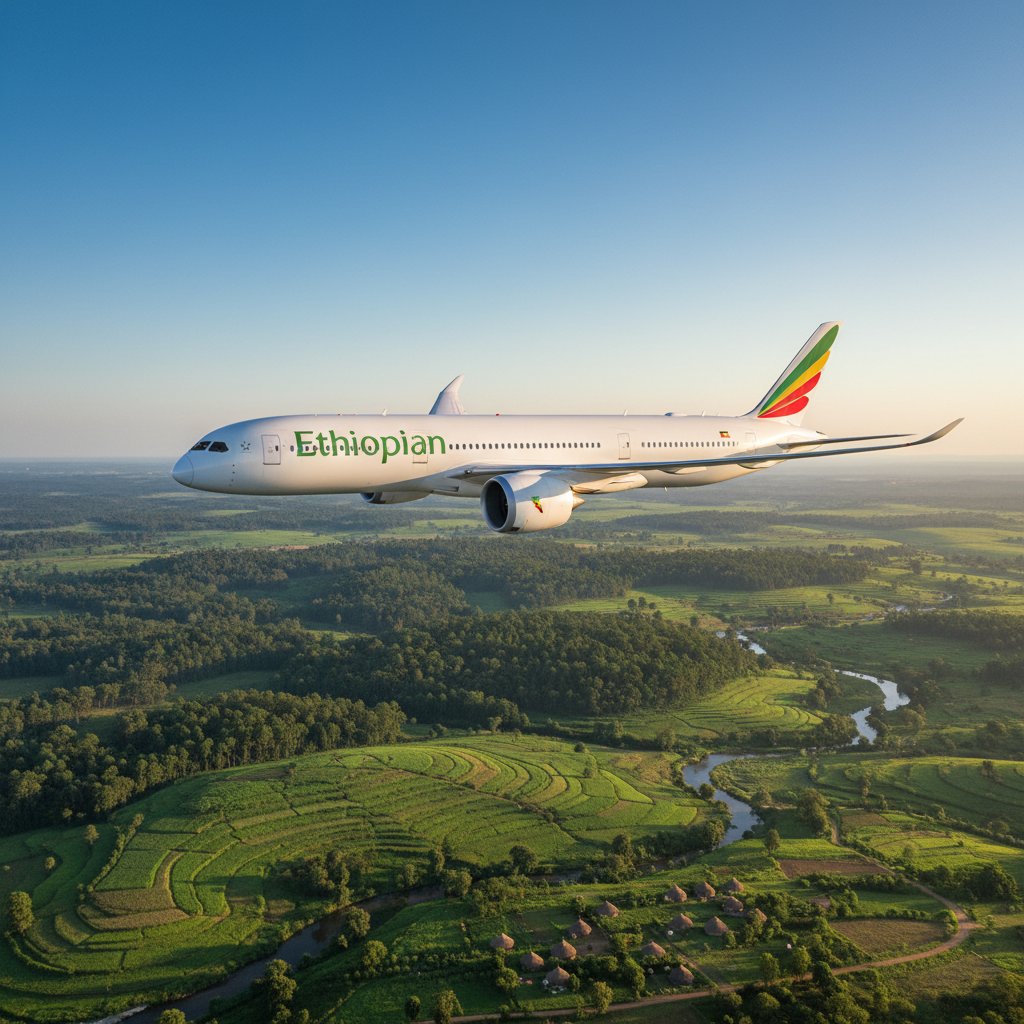Ethiopian Airlines next-gen sustainable aircraft. Futuristic photo of eco-friendly jet in lush green landscape, Ethiopian Airlines livery.