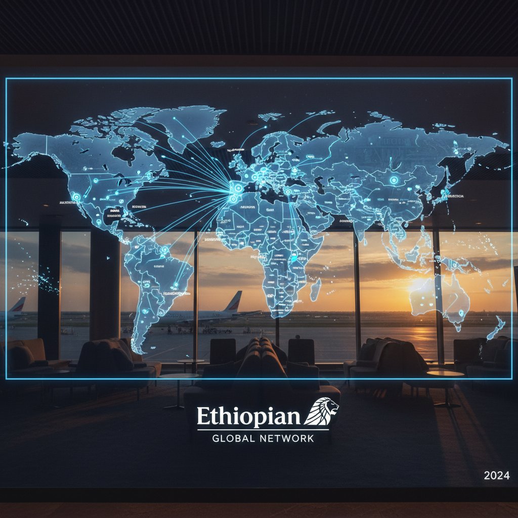 Ethiopian Airlines global route network. Stylized photo of world map with lines radiating from Addis Ababa to unexpected global destinations.
