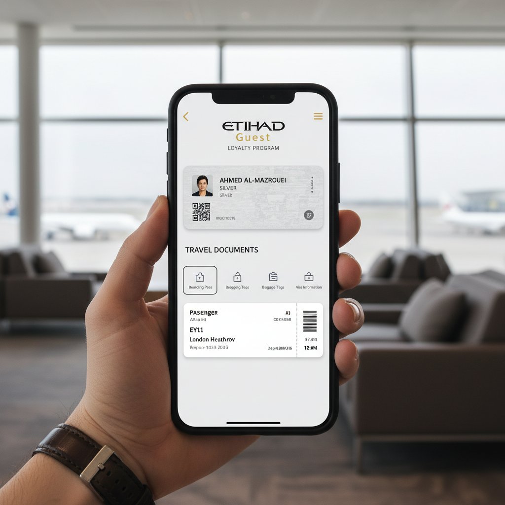 Etihad Guest card, mobile app, and travel documents on lounge table