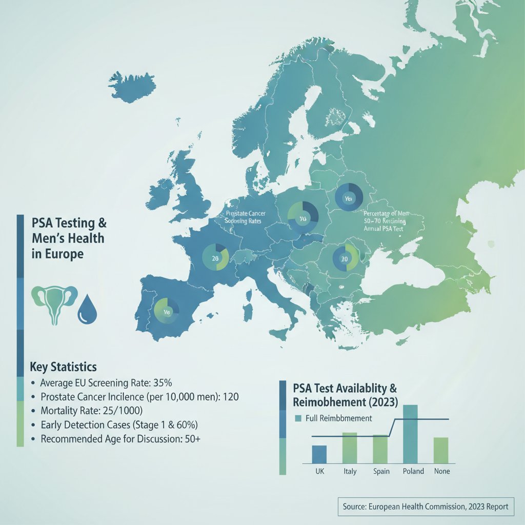 Mapa Europy z zaznaczonymi krajami o wysokiej i niskiej liczbie badań PSA