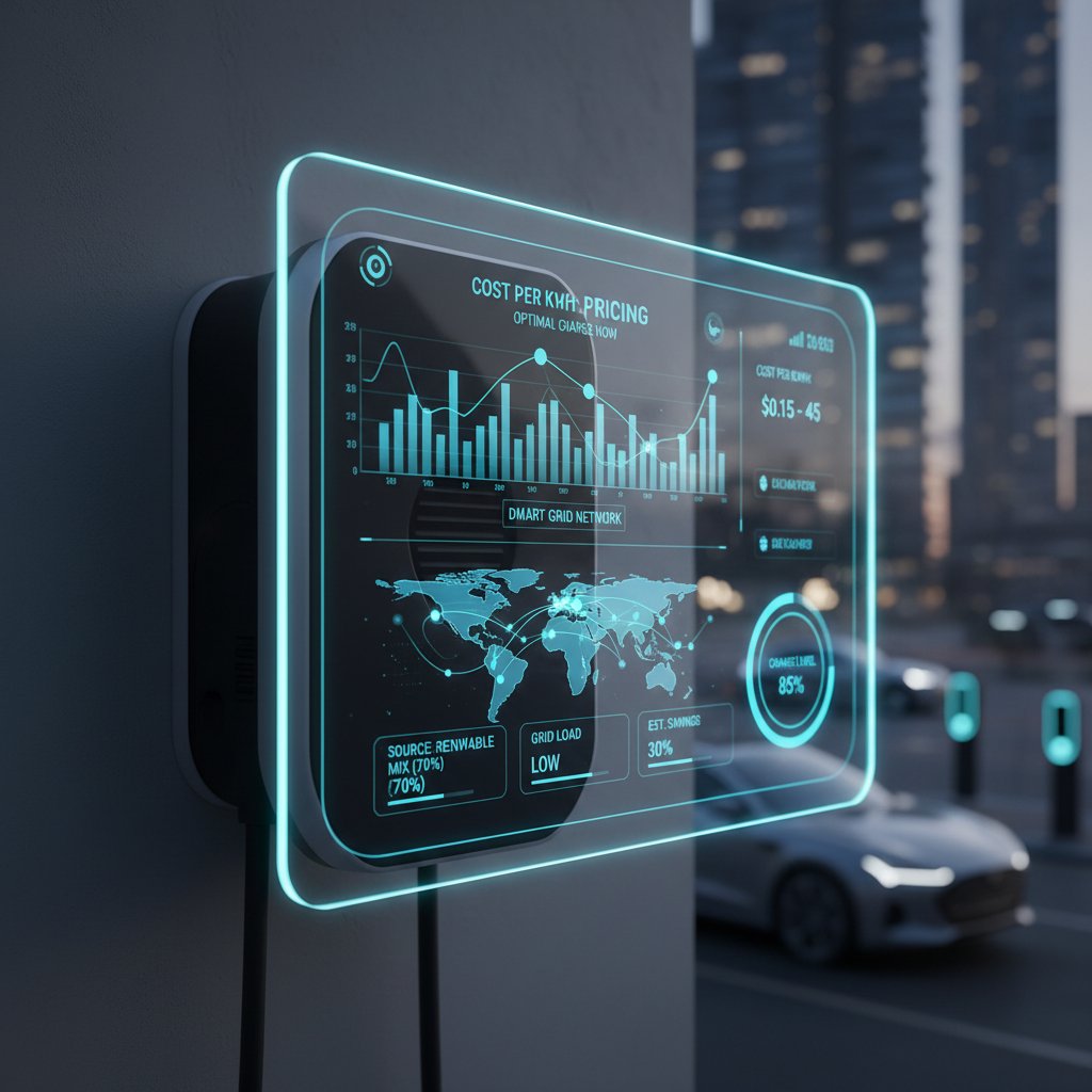 EV charging dashboard with pricing options, data overlays, and smart grid icons