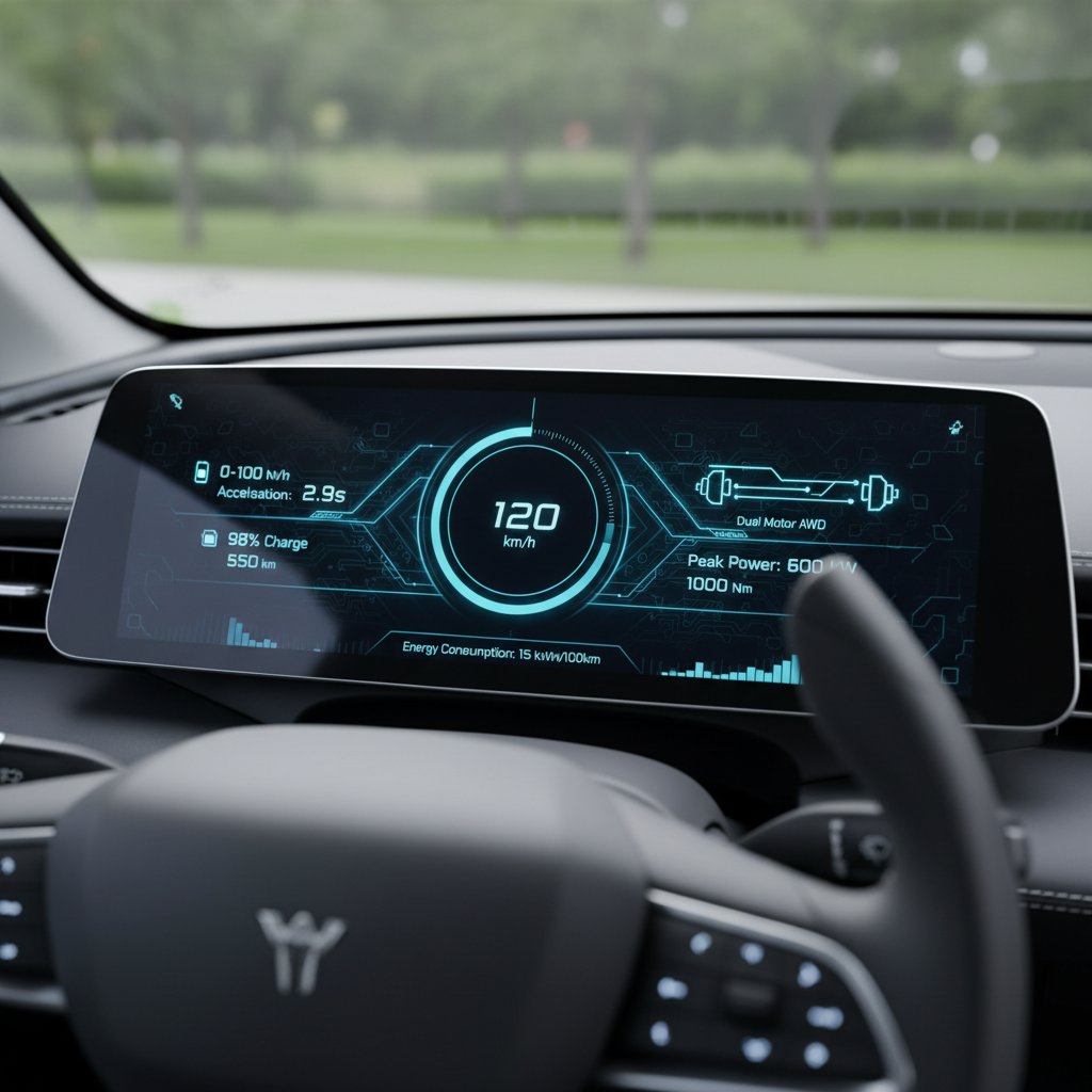 Futuristic EV dashboard with digital gauges and performance specs, illustrating how electric vehicles change car performance metrics