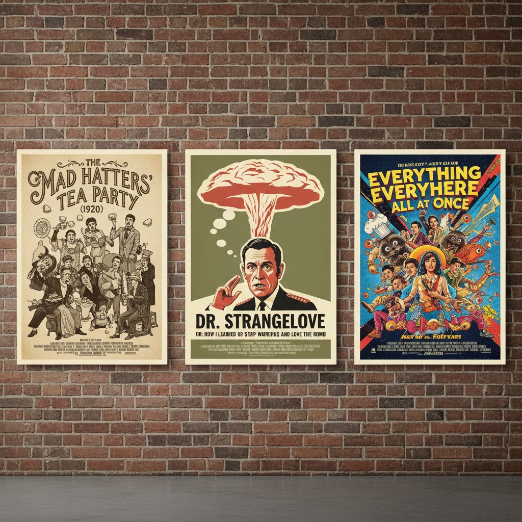 Evolution of irregular comedy films through the decades, montage of vintage and modern movie posters, movie irregularly comedy movies context