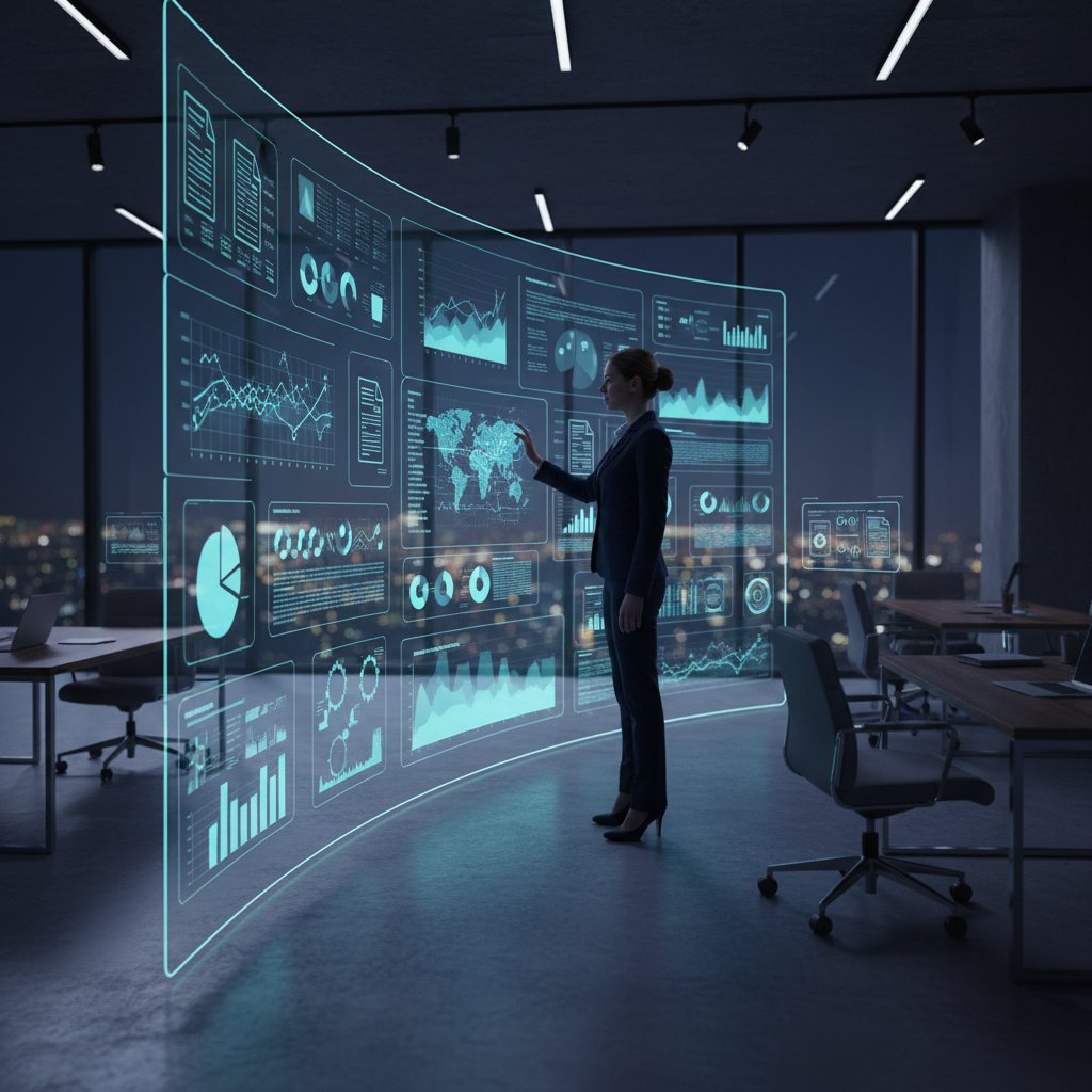 Executive in modern office surrounded by digital documents, representing the rise of document analytics
