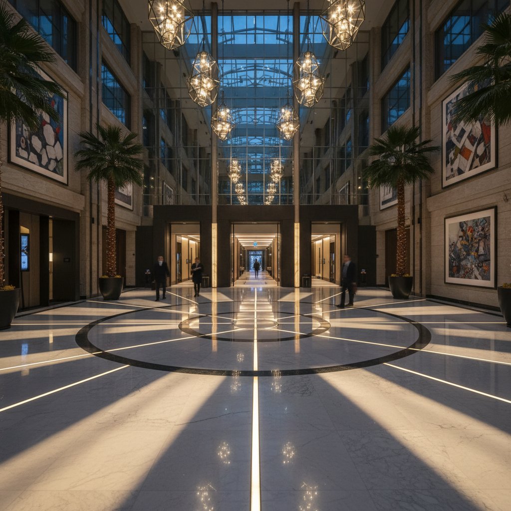A sharply dressed executive stands at a crossroads in a dramatic hotel lobby, briefcase in hand, under moody lighting, capturing the tension of executive hotel choices