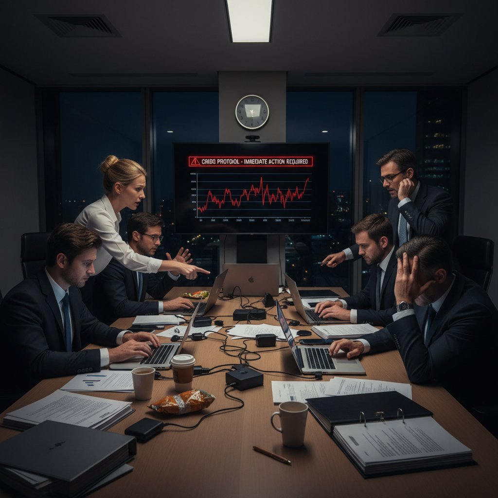 Executive team huddled over urgent email threads, tense atmosphere, documents and laptops