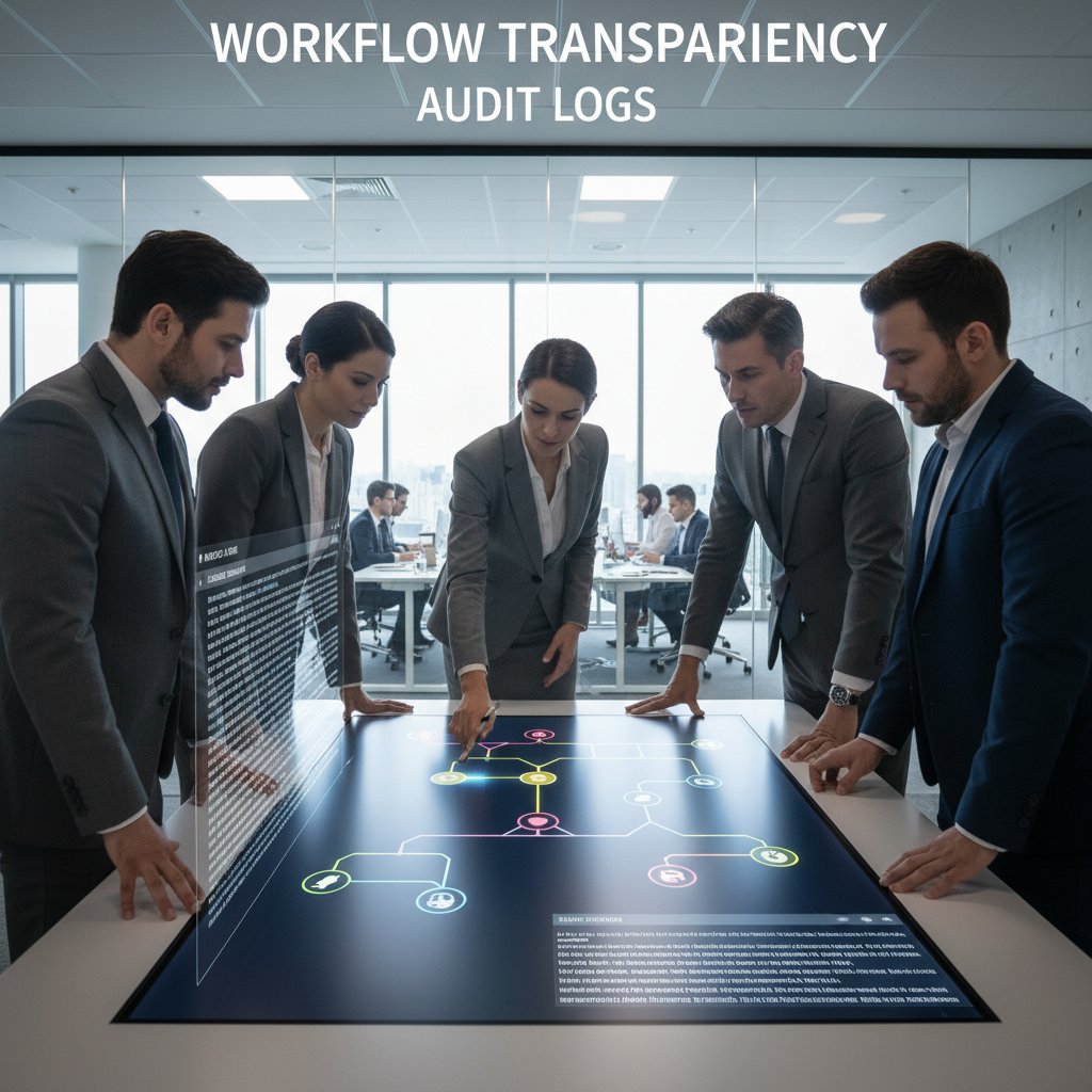 Executives and staff in discussion, dashboards displaying workflow transparency and audit logs