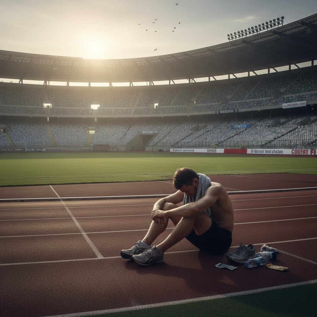 Zmęczony sportowiec na pustym stadionie – siła w przegranej
