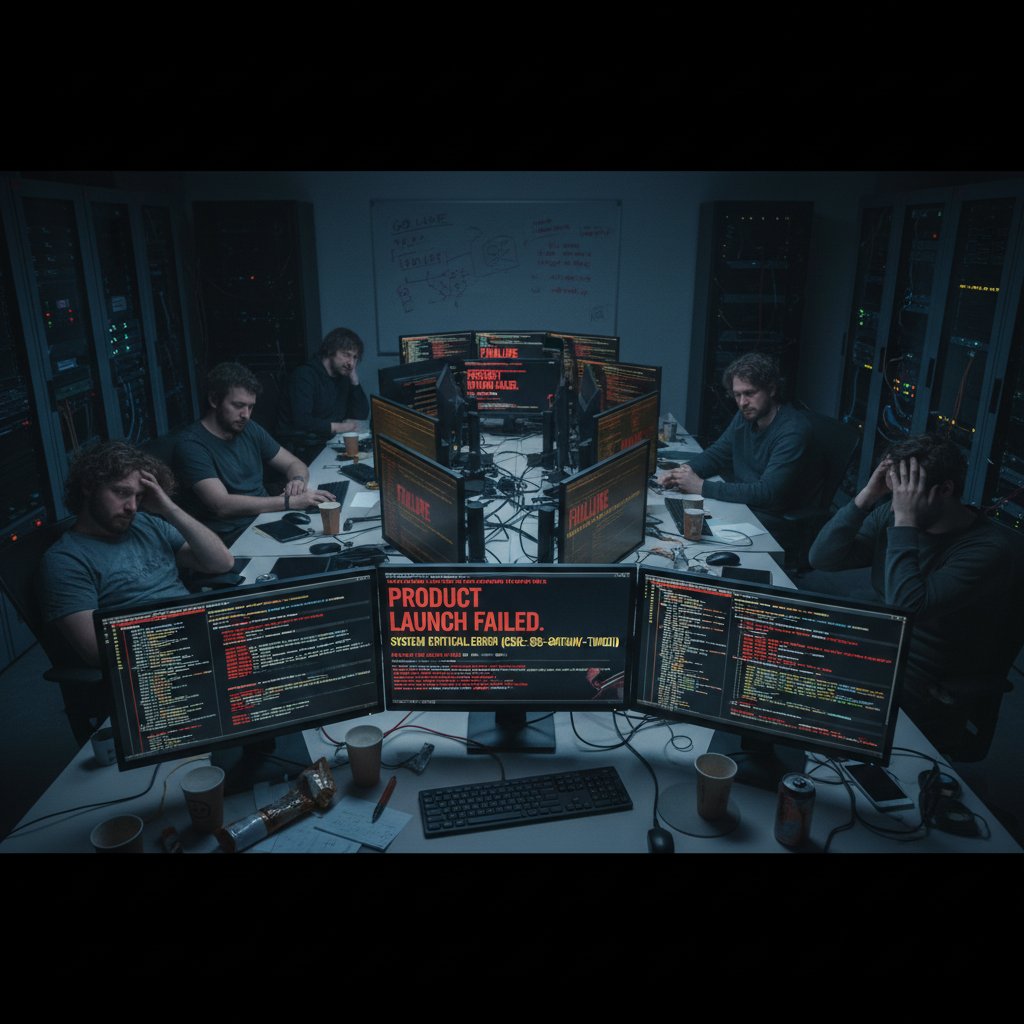 Team members in a dimly-lit office, exhausted, staring at error messages and multiple monitors—symbolic of 'faster turned disaster'