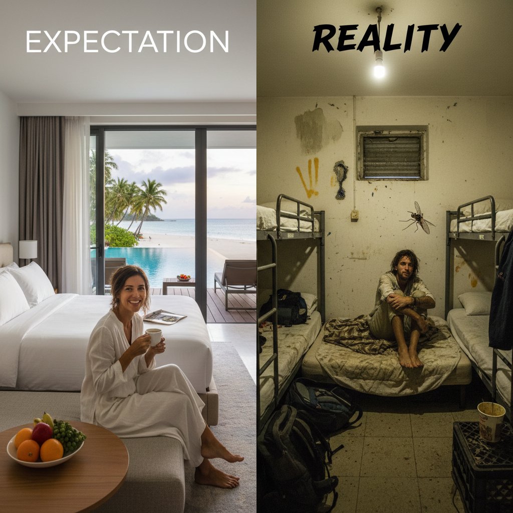 Traveler experiencing expectation vs reality at accommodation, disappointed vs hopeful face, travel planning accommodations