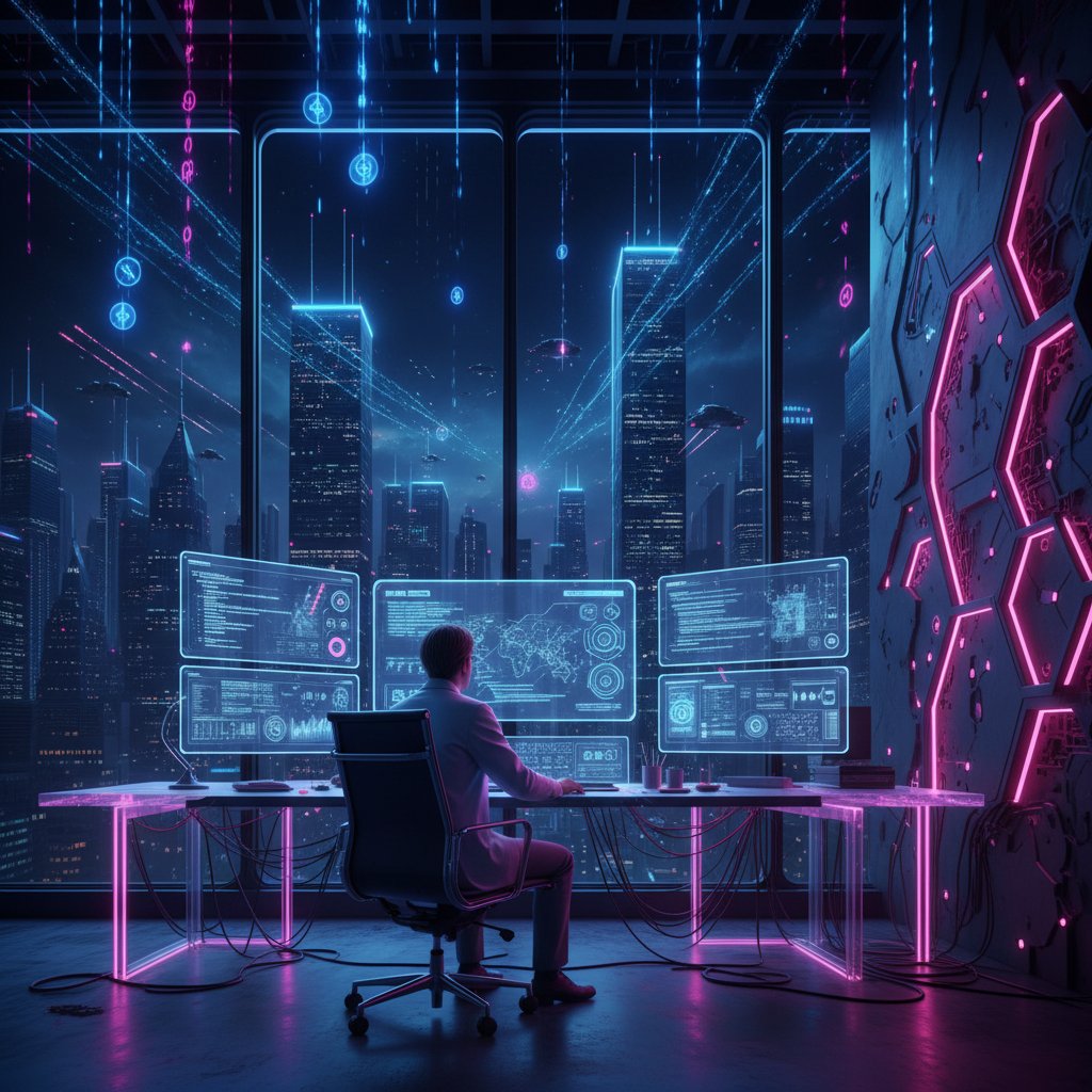 Ekspert analizujący dane tekstowe przy komputerze w nocnym, neonowym biurze
