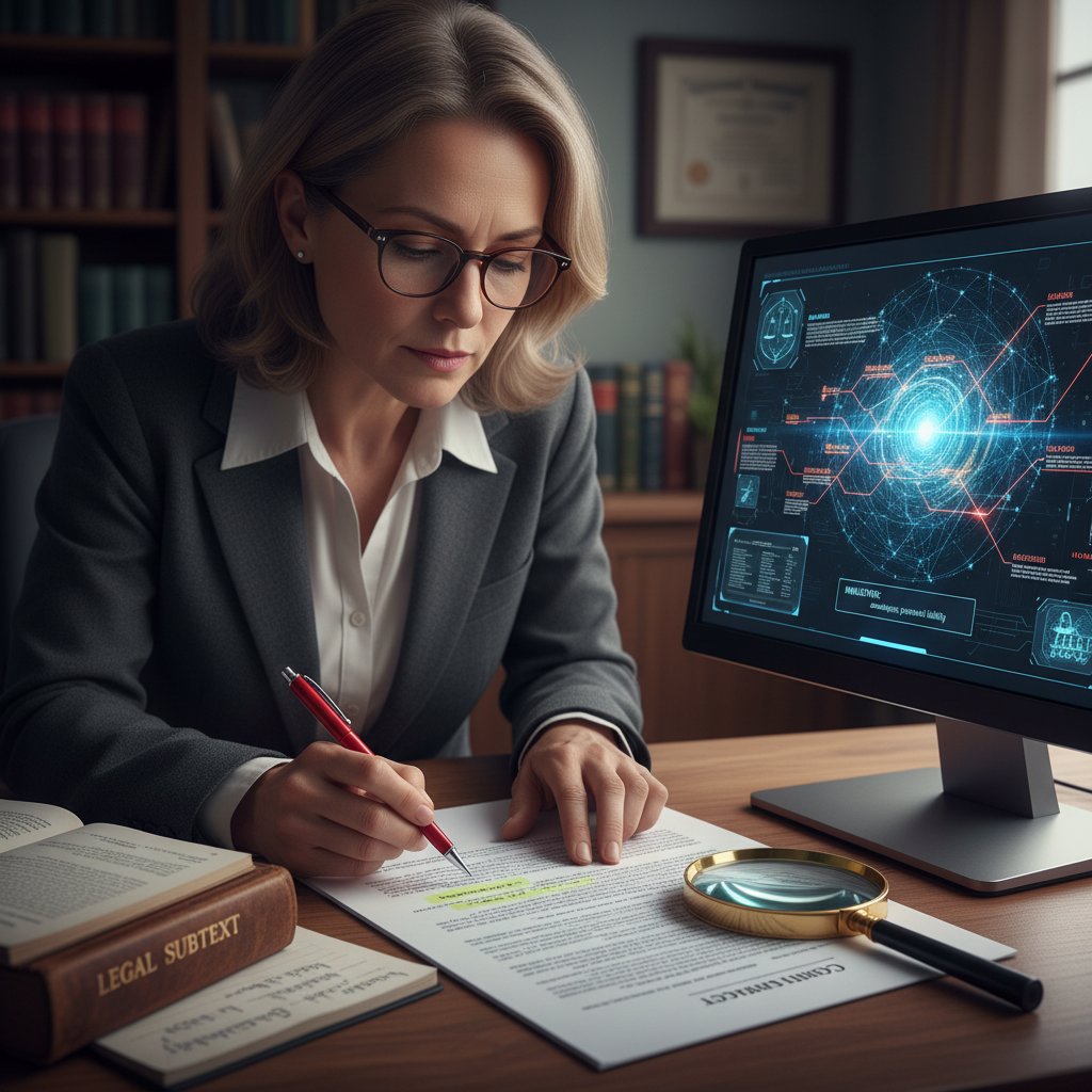 Expert analyzing complex contract for subtle meaning, human reviewer with documents and thoughtful expression.