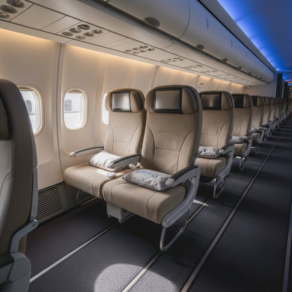 Happy passenger smiling after moving to a nearly empty airplane row, illustrating successful seating hack