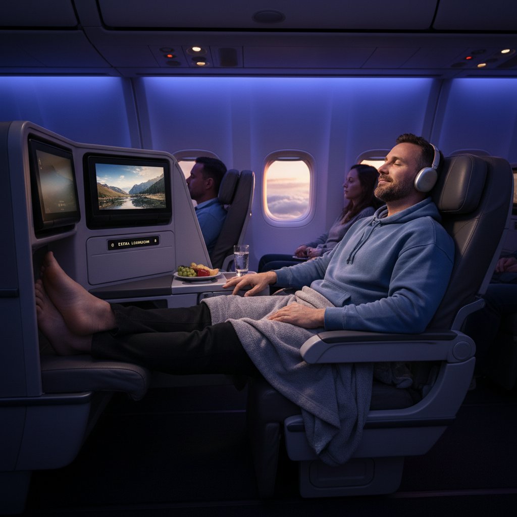 Passenger with headphones, relaxed and stretched out in exit row seat, showing extra legroom benefits