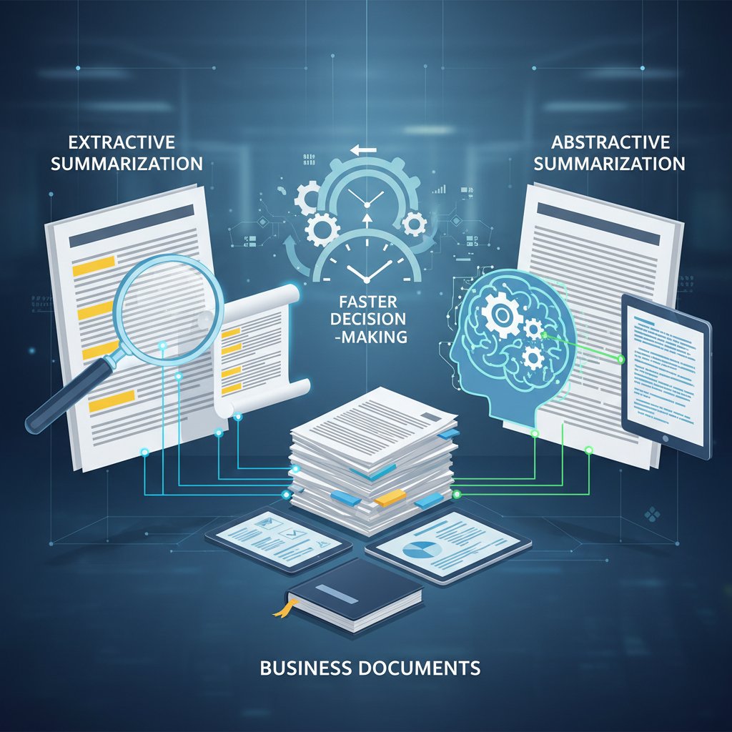 Side-by-side visualization of extractive and abstractive summarization techniques