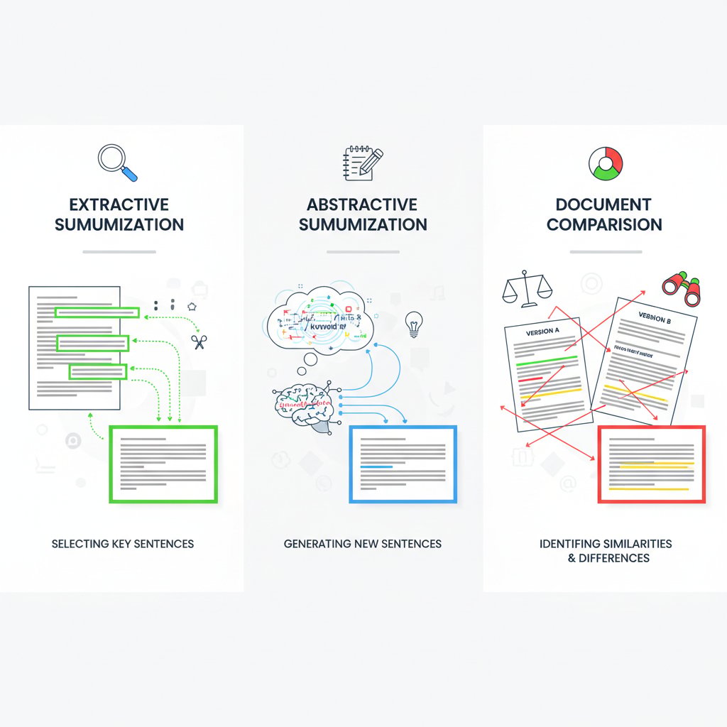 Side-by-side visual of extractive vs. abstractive summaries generated from the same document. Alt text: Visual comparison of extractive and abstractive summaries.