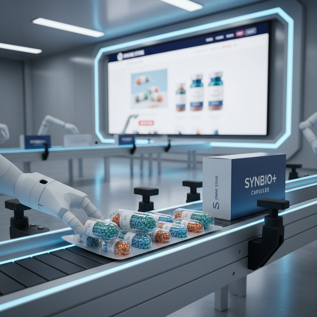 Nowoczesna fabryka, linia produkcyjna kapsułek i sklep internetowy z wyświetlonymi rankingami synbiotyków