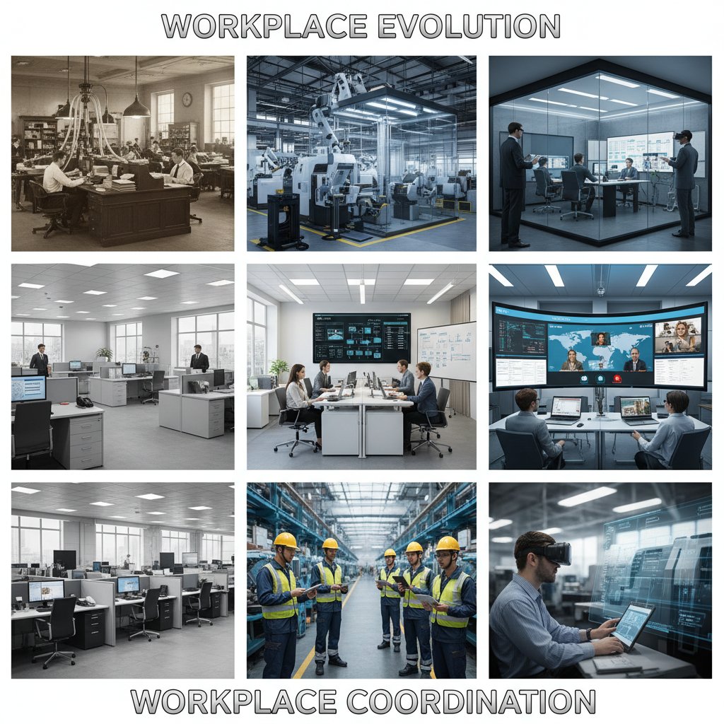 Photo blending old factory and modern tech office, coordinate workplace evolution