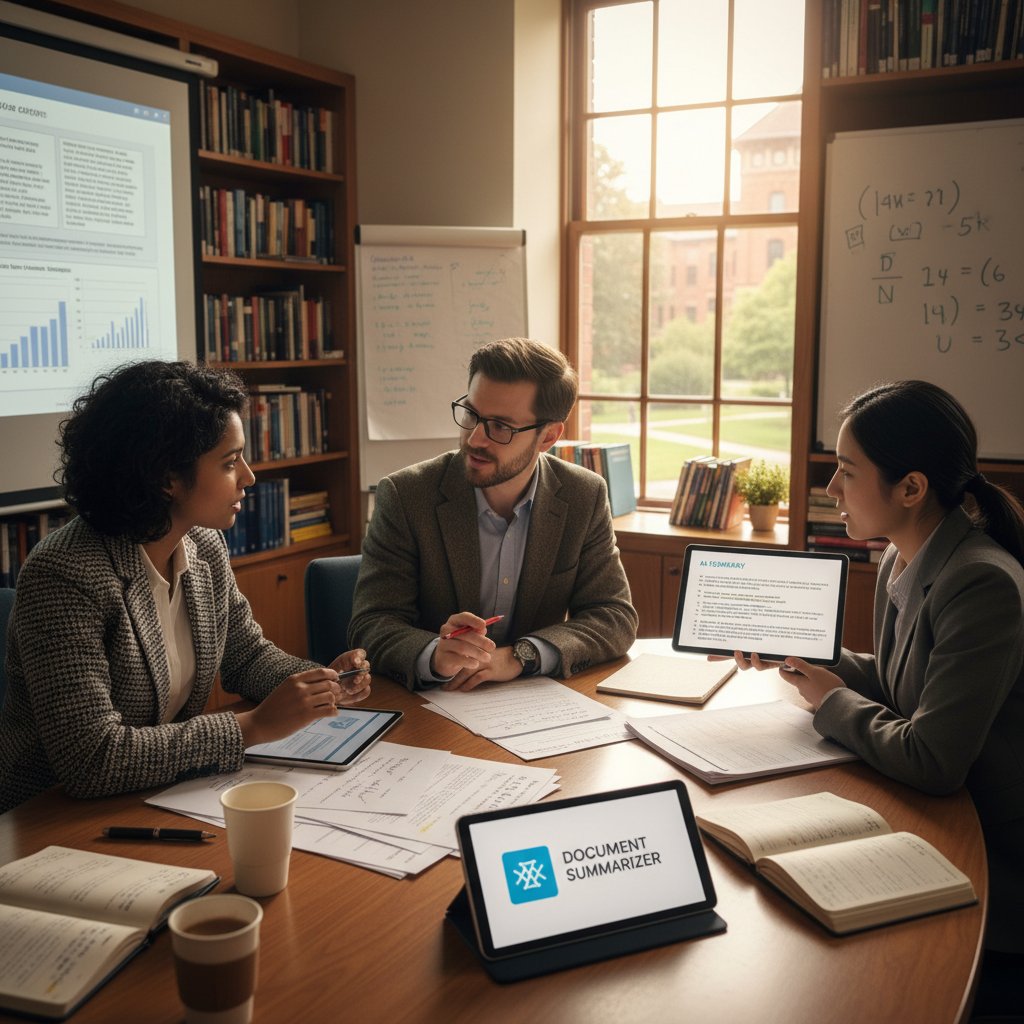 Faculty member comparing manual notes with AI summary, highlighting document summarizer for academic professionals usage