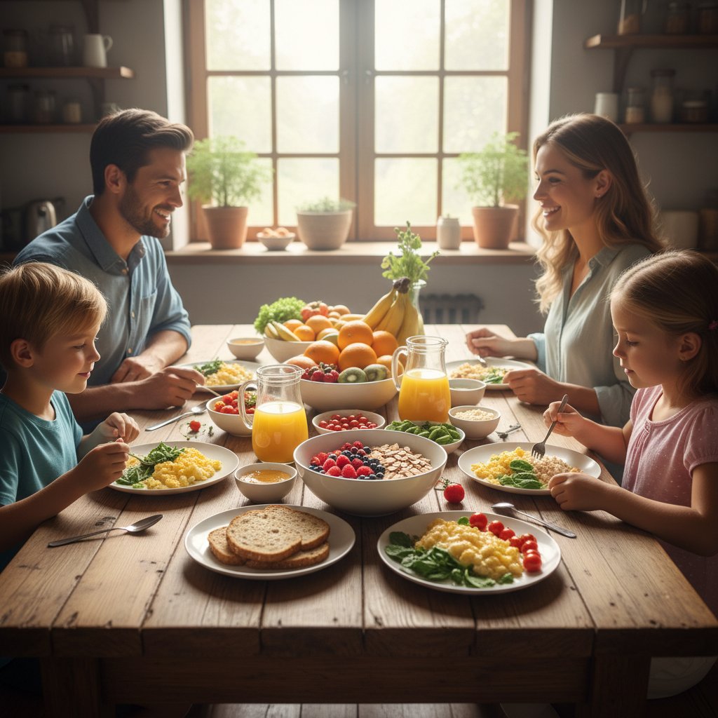 Śniadanie rodzinne z produktami wysokocholesterolowymi i zdrowymi alternatywami