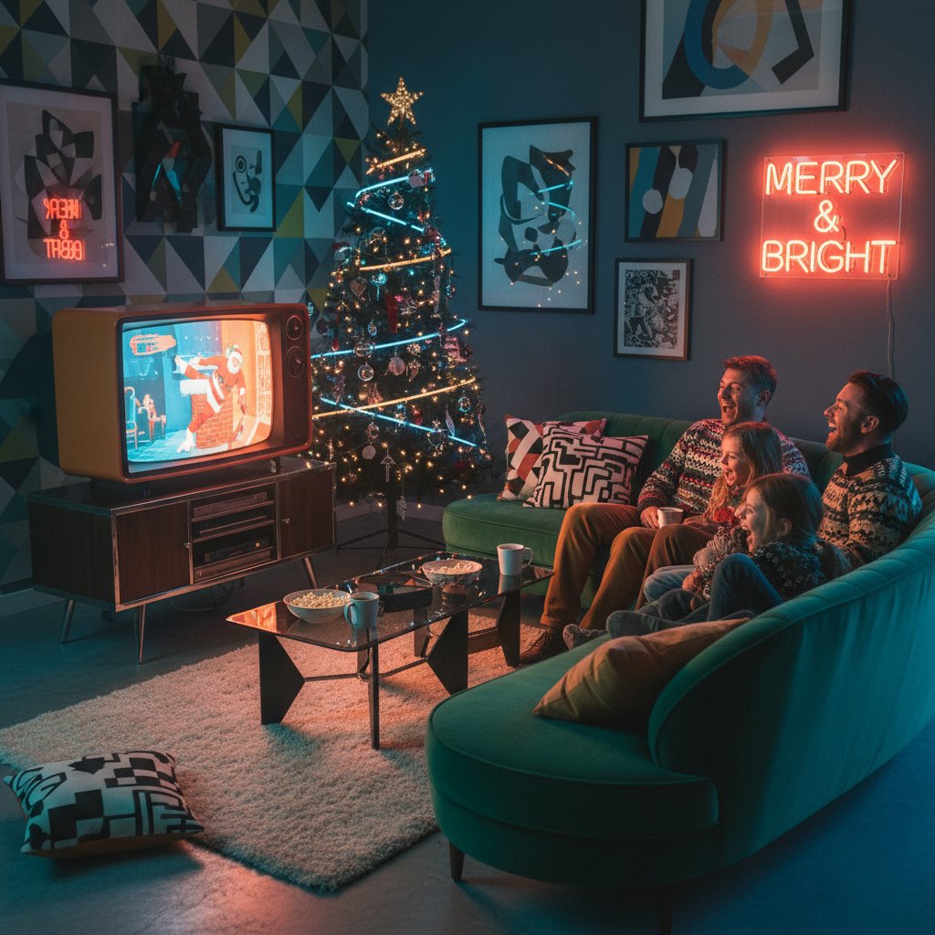 A family laughing while watching a Christmas comedy at home, blending retro and modern decor, TV screen aglow, cozy yet edgy