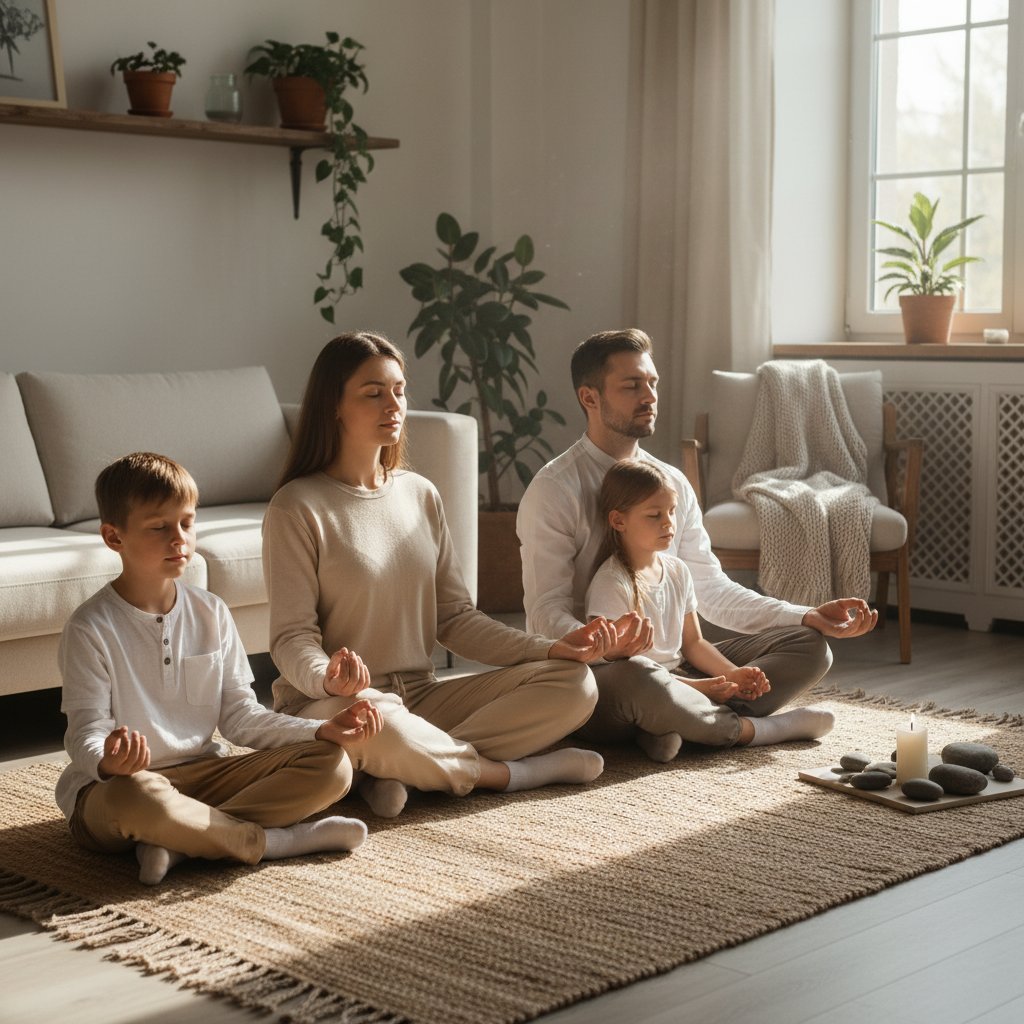 Rodzina wspólnie praktykuje mindfulness w domu