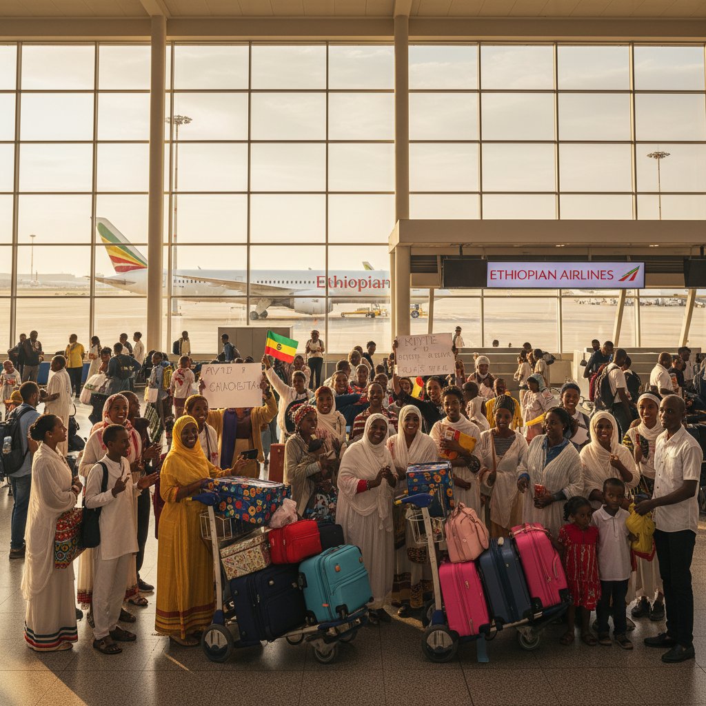 Family reunion after Ethiopian Airlines flight. Emotional photo of hugs and happy faces at Addis Ababa airport arrivals.