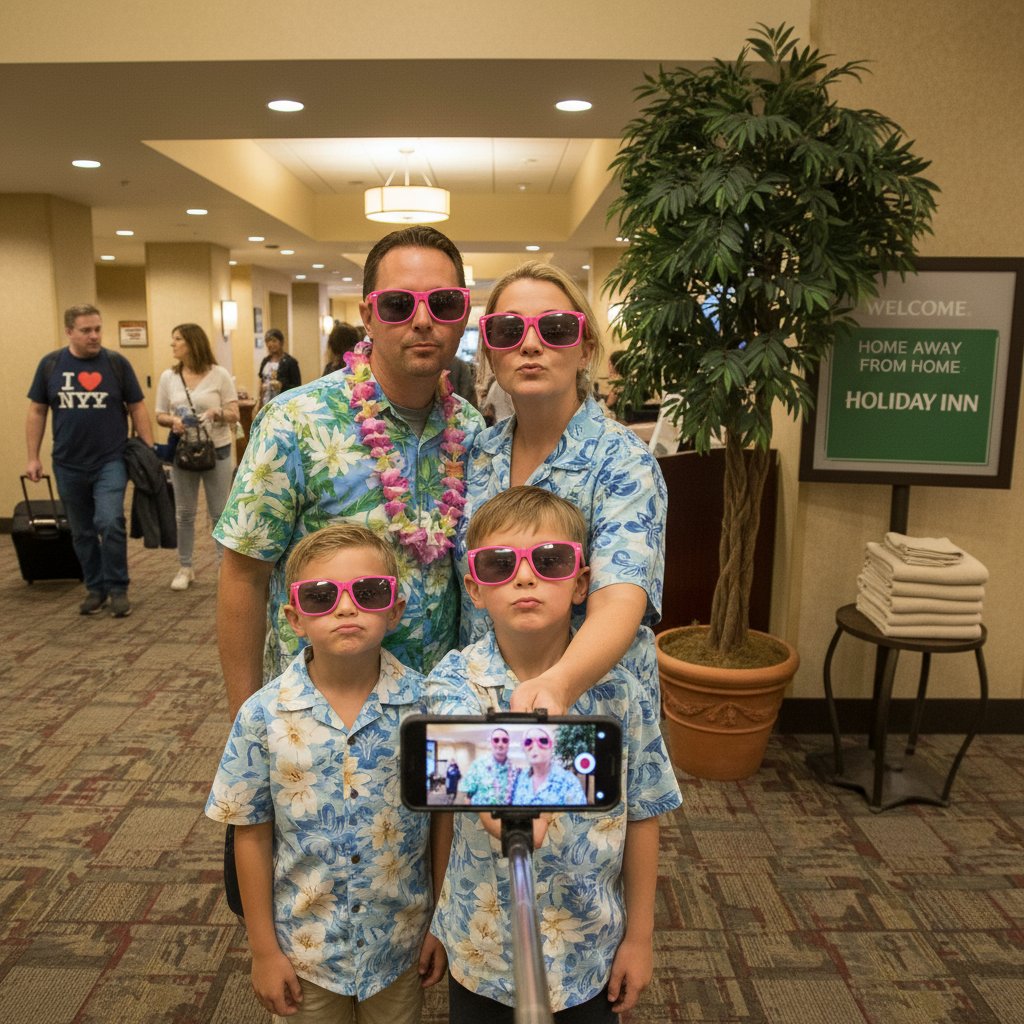 Family taking an awkward selfie in a bright, surreal Holiday Inn lobby, blending nostalgia with irony