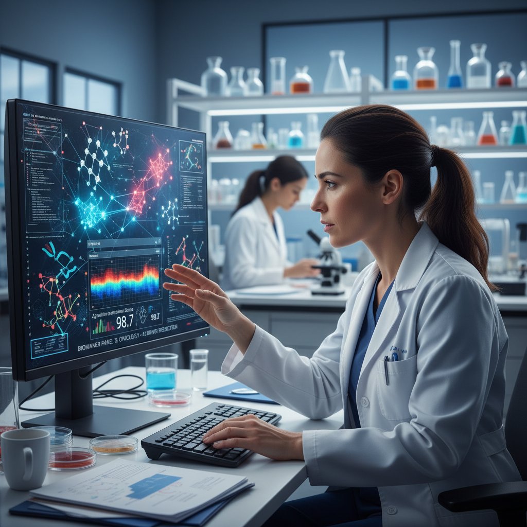 Specjalistka analizująca wyniki biomarkerów na monitorze z algorytmami AI, biomarkery sztuczna inteligencja