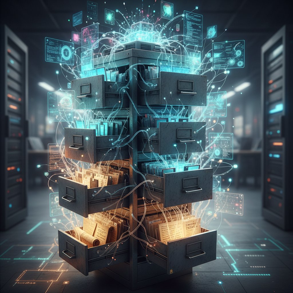 Document management evolution visualized, combining filing cabinets and neural networks