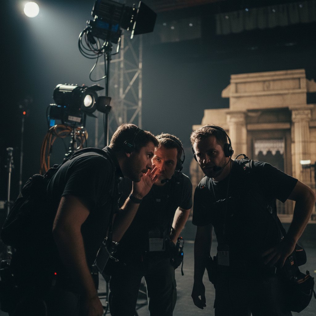 Film crew whispering about movie rumors on a tense movie set
