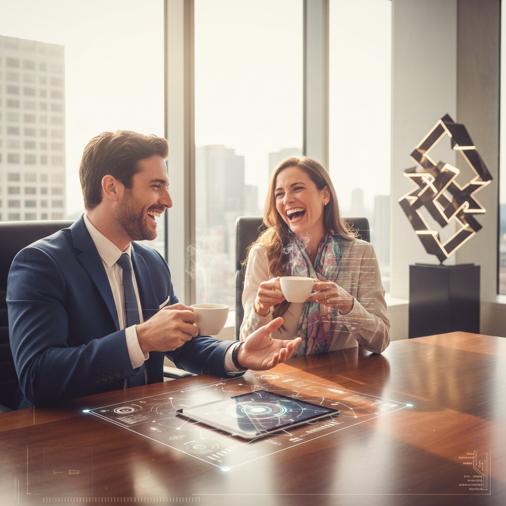 An artistic photo of a financial advisor and client laughing over coffee with subtle AI elements in the background, capturing human connection in the age of AI chatbot for financial advisors