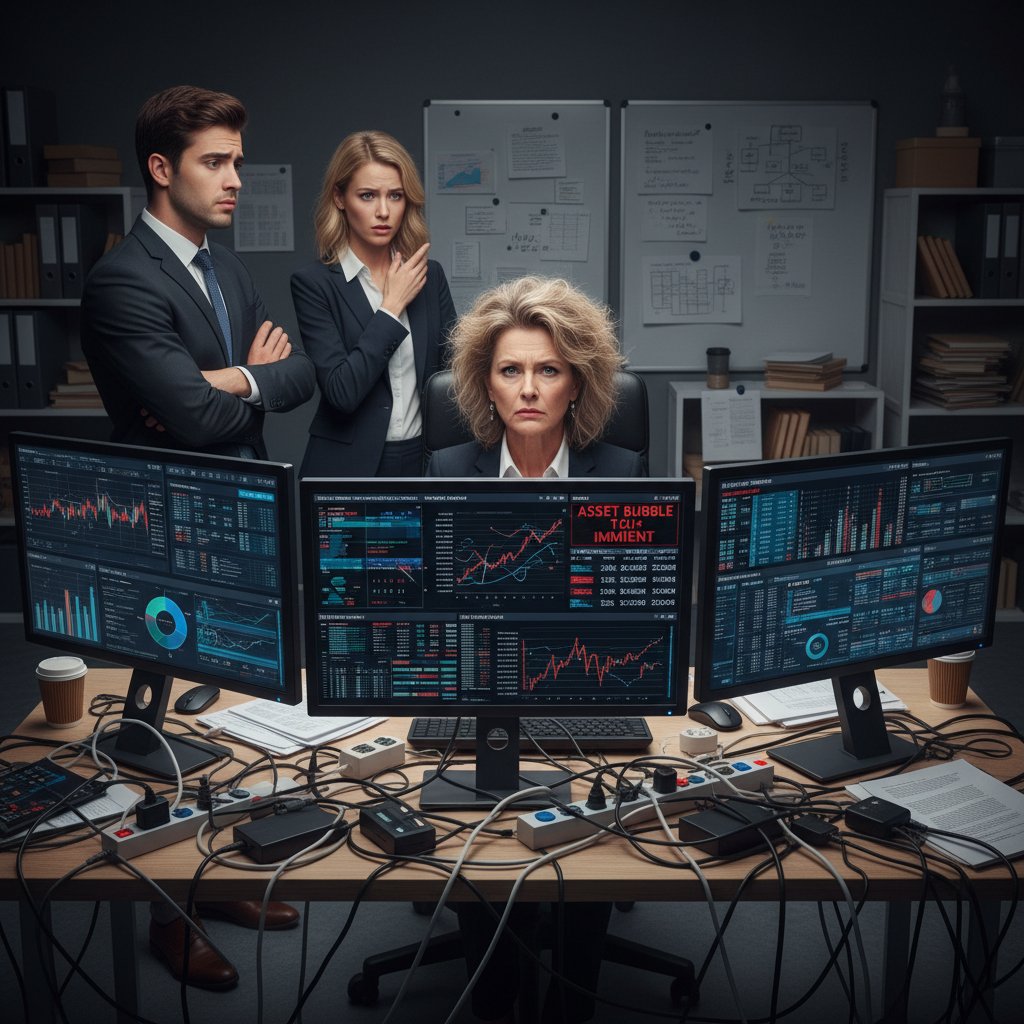 Financial planners overwhelmed by complex dashboards and tangled cords, expressing skepticism about too many features