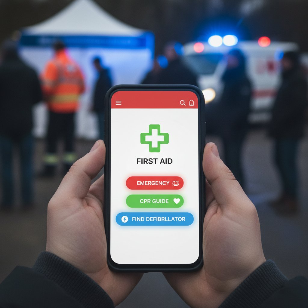 Osoba korzystająca z aplikacji do pierwszej pomocy na smartfonie podczas zdarzenia