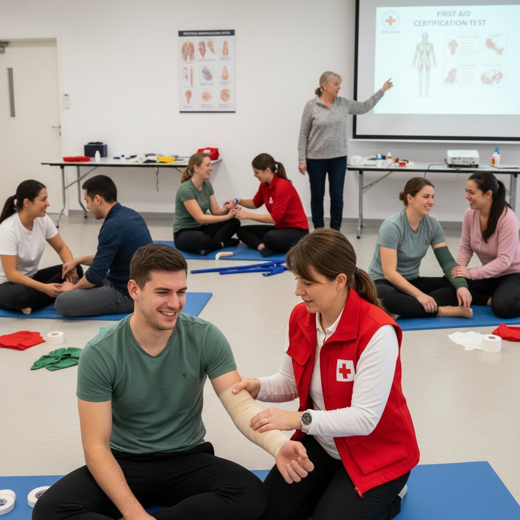 Instruktor prowadzi test wiedzy z pierwszej pomocy przy złamaniach z grupą osób