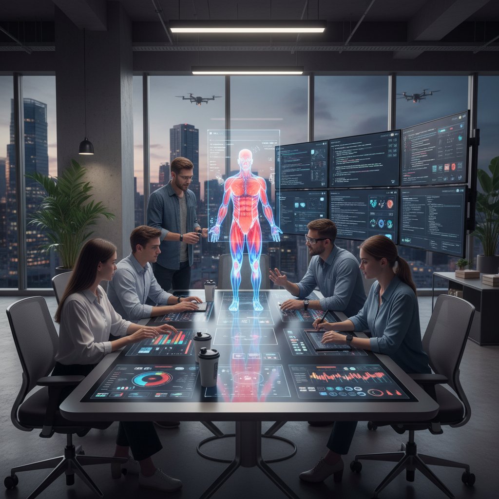 Zespół tworzący aplikację fitness, tablica z analizą danych, nowoczesne technologie