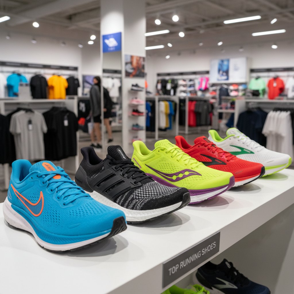 Pięć topowych modeli butów do biegania na tle sportowego sklepu