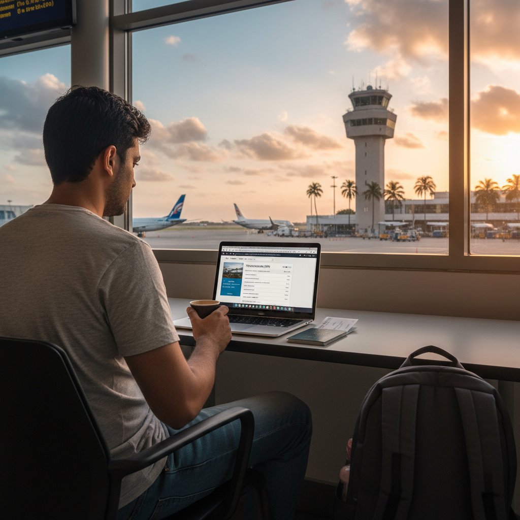 Traveler booking flights from Trivandrum on a laptop, editorial, UI visible