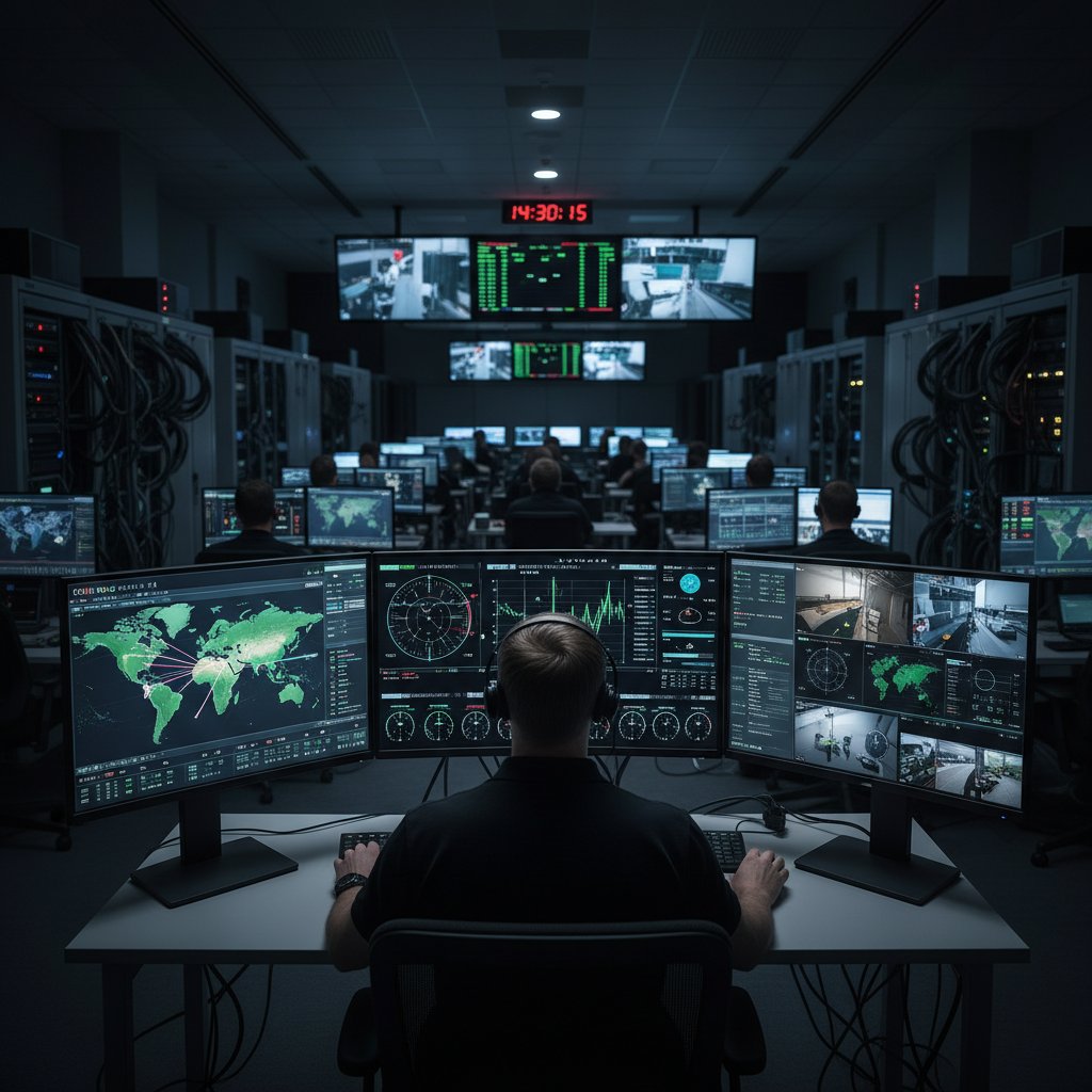 Technician monitoring flight data feeds from multiple sources in a control center
