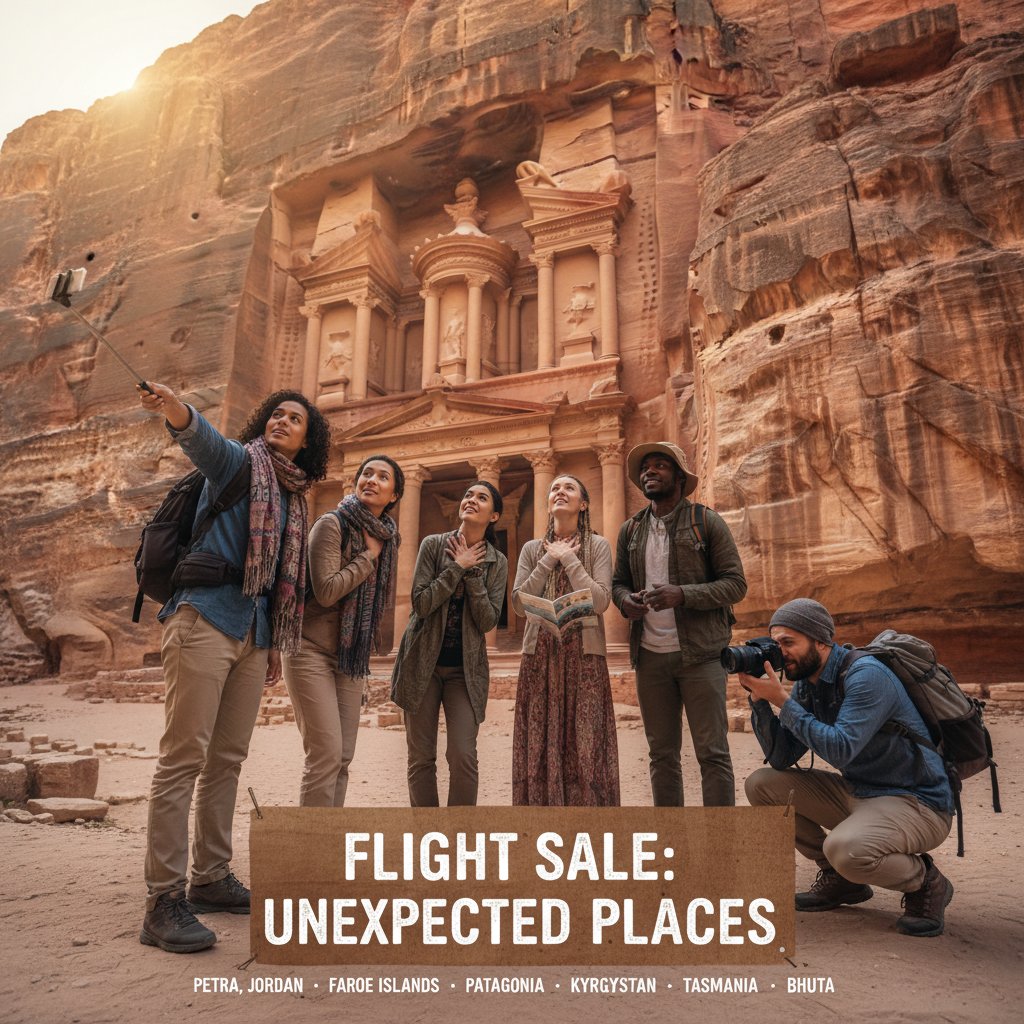 Unexpected travel destinations from flight deals, collage of diverse travelers exploring unusual places