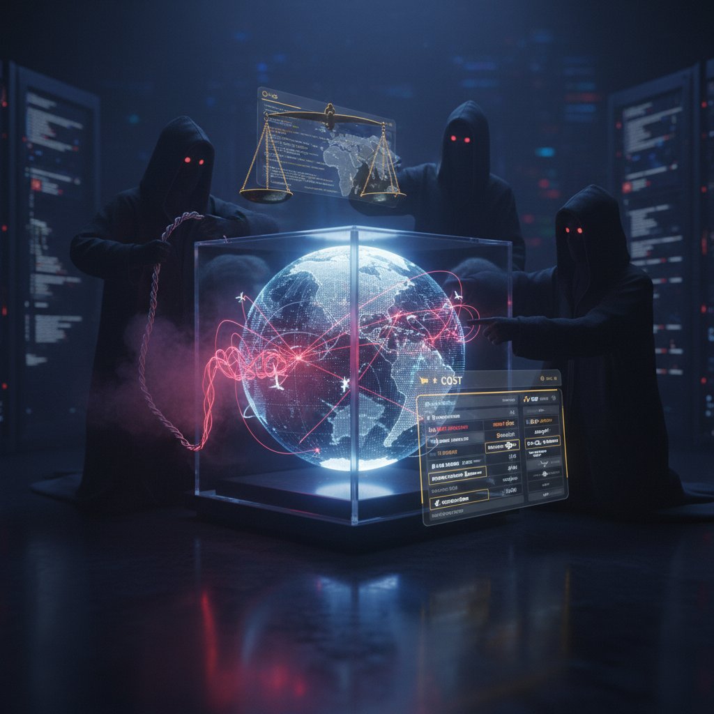 Shadowy figures behind computer screens displaying flight search algorithms, symbolizing algorithmic bias