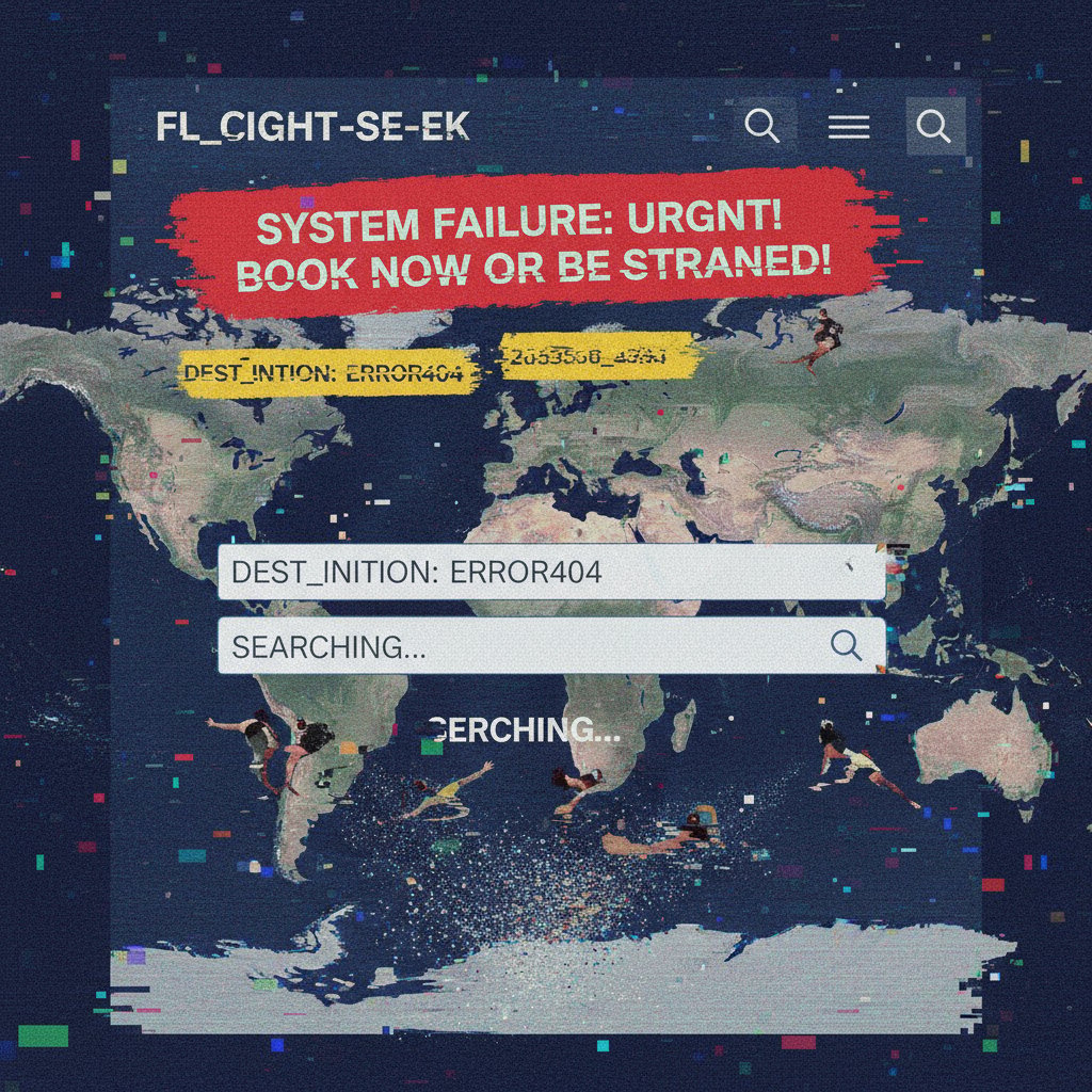 Close-up of flight search website with urgent red banners and glitch effects, unsettling interface, moody digital photo, 16:9