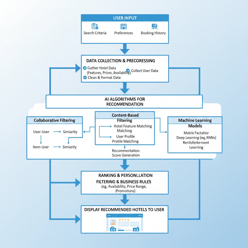 A flowchart-style image showing data streams moving through layers of algorithmic processing in a travel context