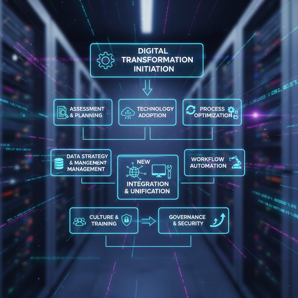 Flowchart of digital transformation steps, representing a document digitization roadmap