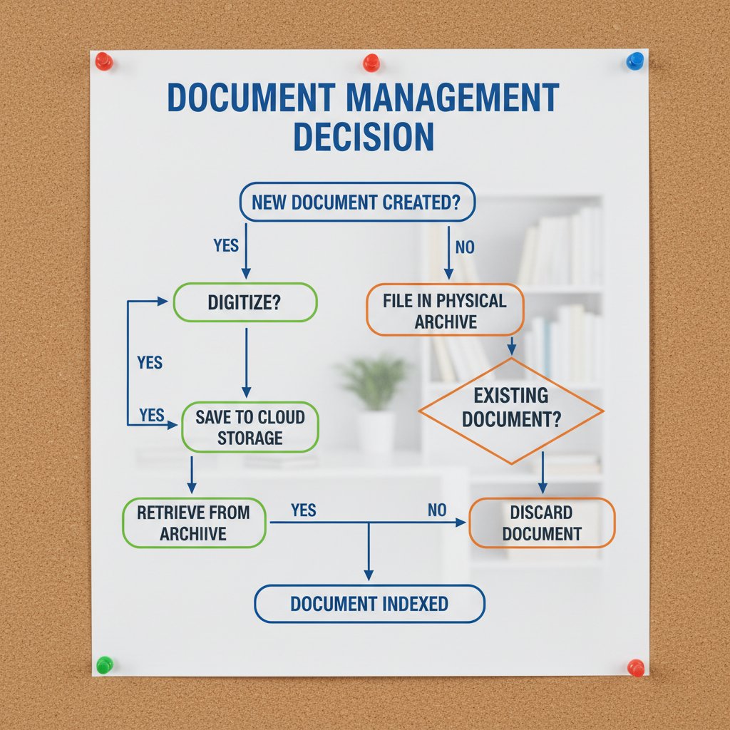Flowchart with paths diverging to different document management outcomes, illustrating DMS decision-making