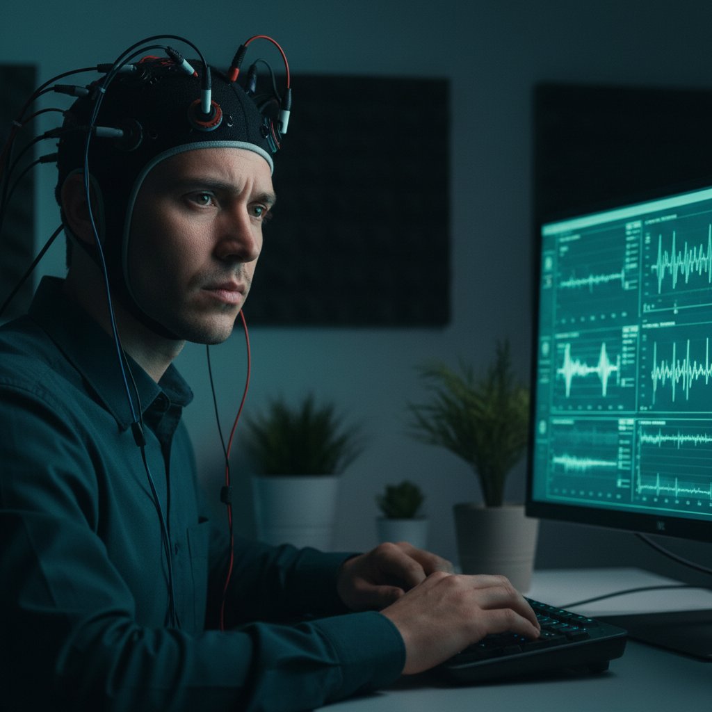 Zbliżenie na twarz osoby skoncentrowanej podczas treningu EEG biofeedback