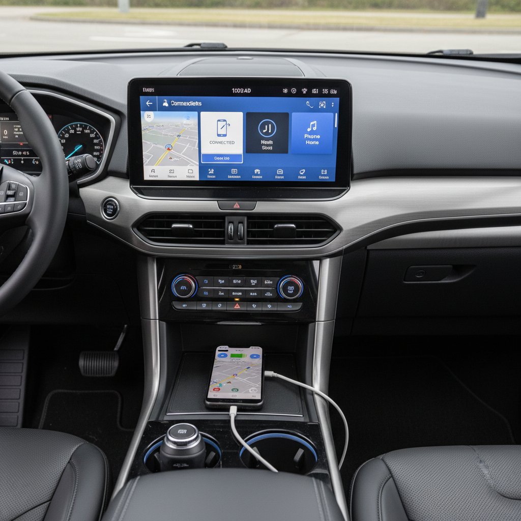 Ford Edge infotainment touchscreen with smartphone connected, hands-free tech, 2025 SUV comparison