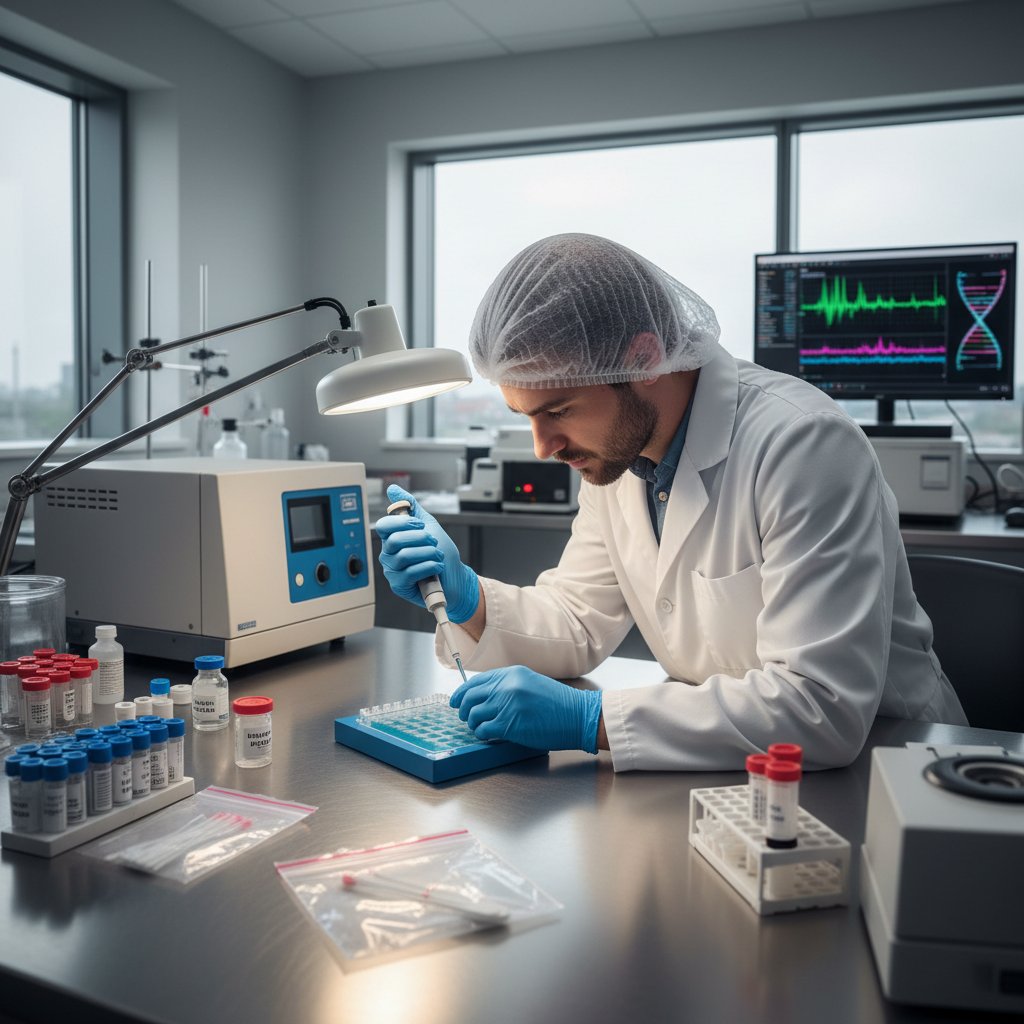 Kryminalistyk bada materiał genetyczny – zdjęcie noir z laboratorium śledczego