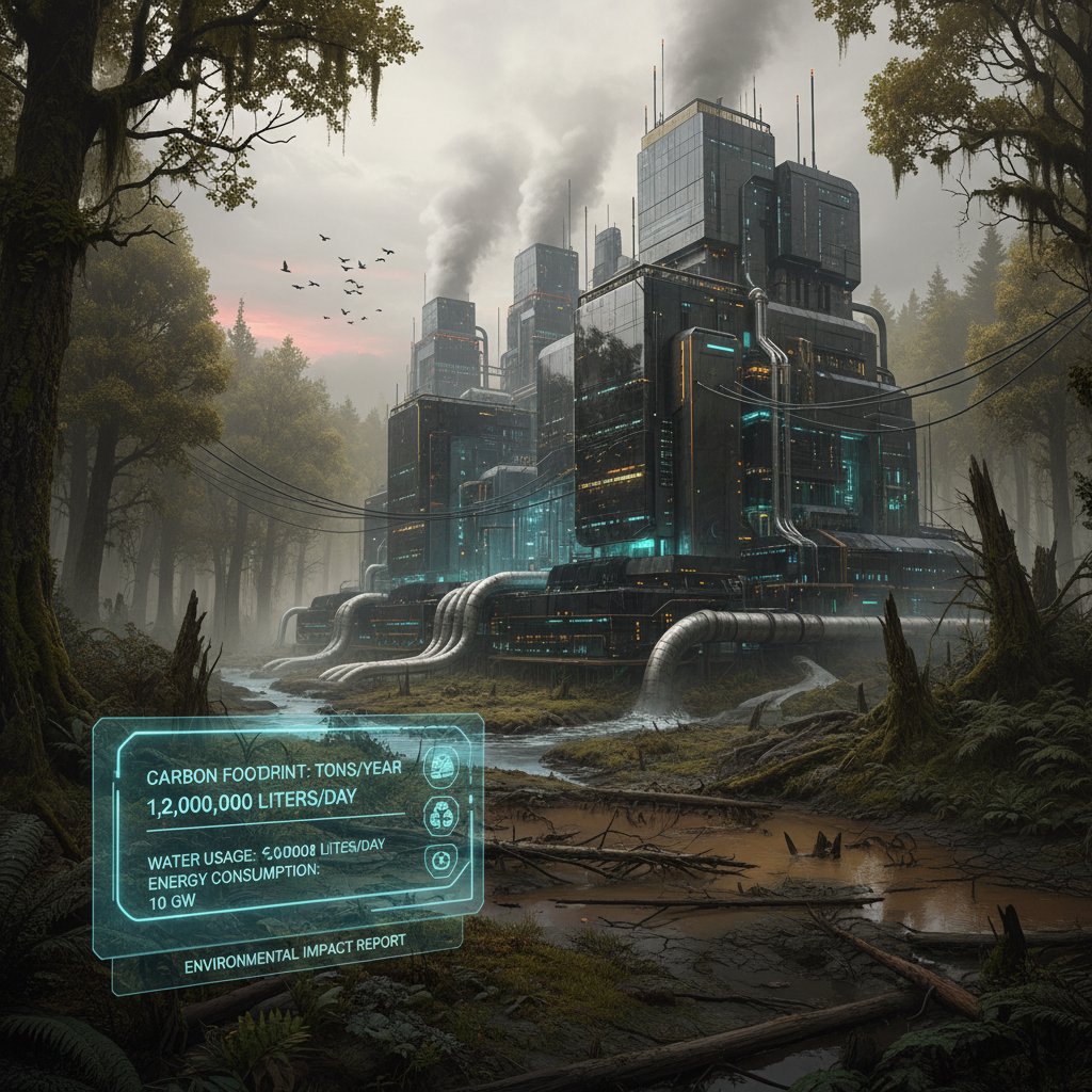 Photo contrasting a lush forest with a sprawling data server farm, representing the environmental impact of document digitization