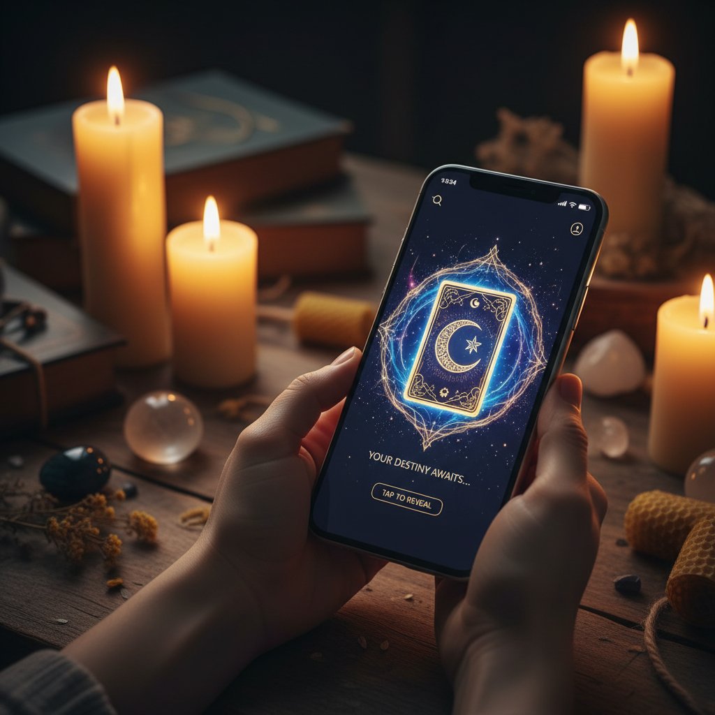 Nowoczesna aplikacja wróżbiarska na smartfonie, kobieta w tle przy świecy